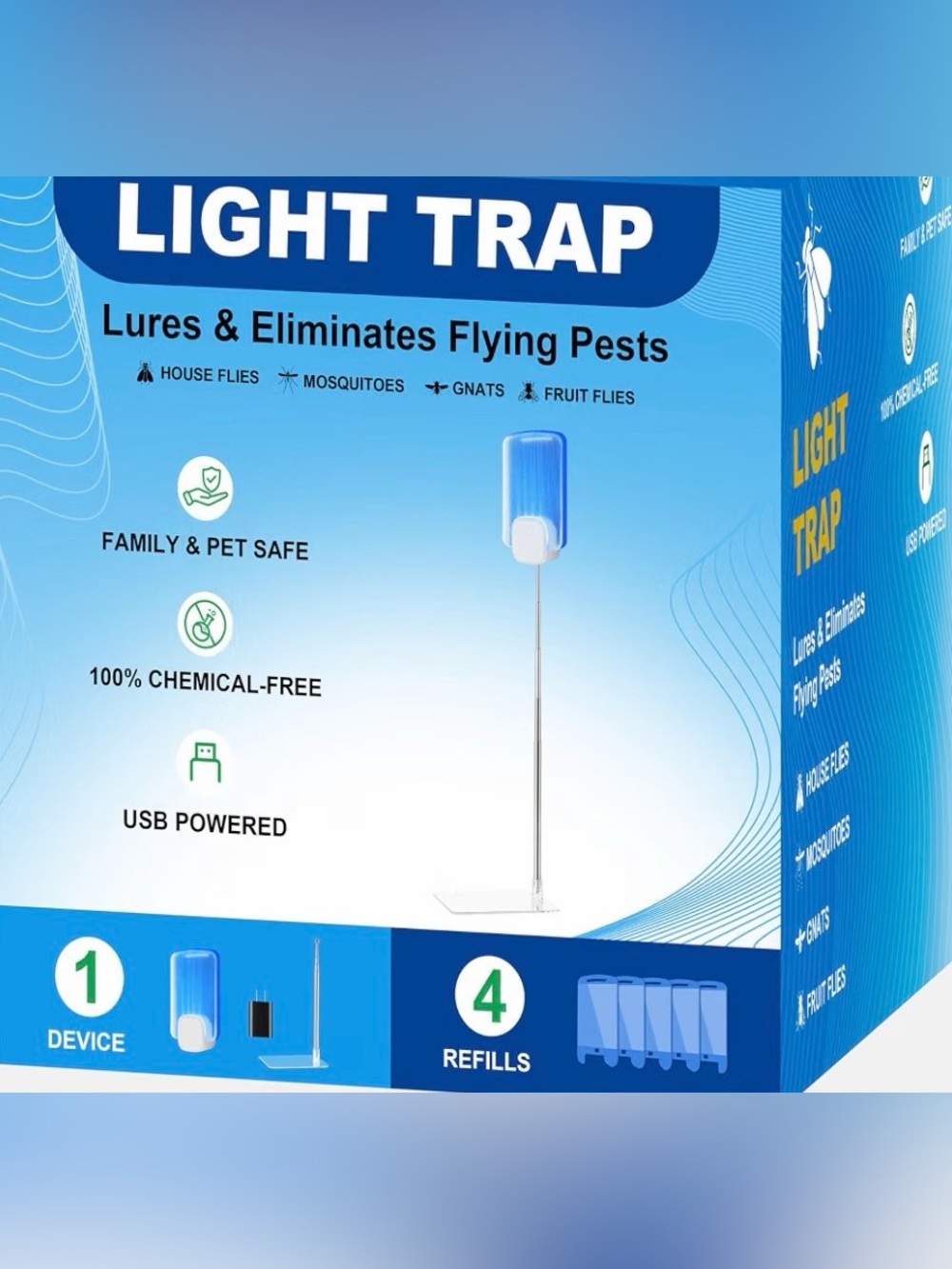 Blue Light Trap USB-Powered Flying Insect Catcher with 4 Refills